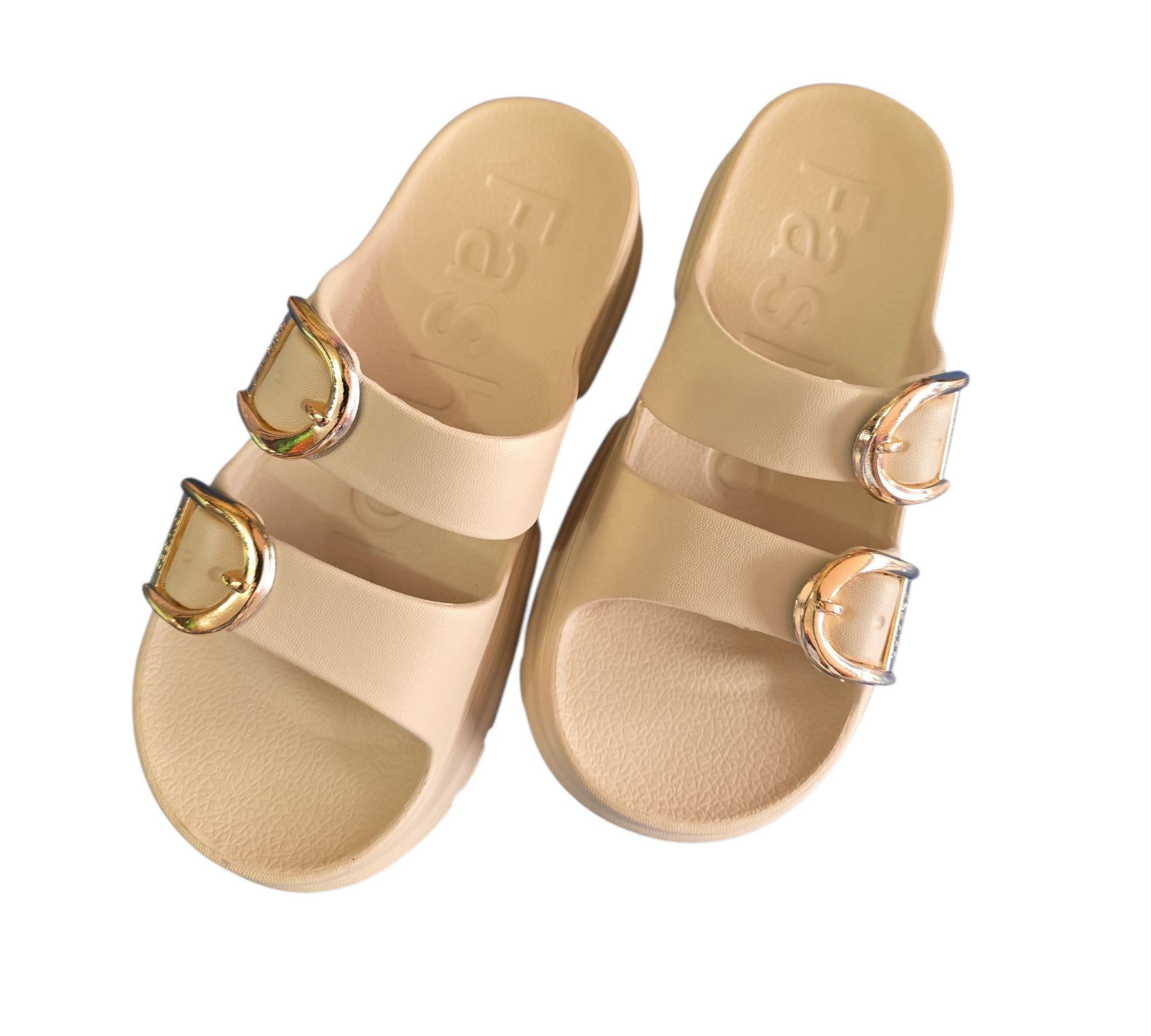 Sandalia Beige plataforma mujer hebilla dorada B-868 Imagen secundaria del producto